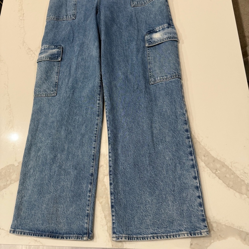 Express Strapless Wide Leg Cargo Denim Jean Jumpsuit Womens 12 Light Blue Wash - Picture 7 of 14